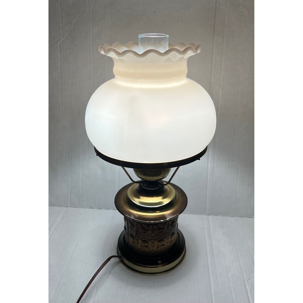 Vintage Hurricane Table Lamp Electric Frosted Ruffled Glass Shade Brass